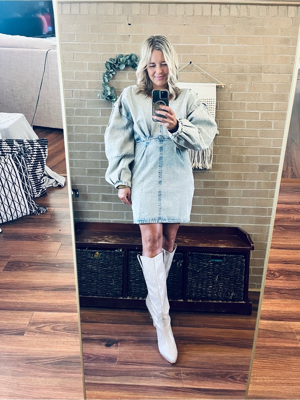 Puff-Sleeve Washed Denim Long-Sleeve Dress - Neutral Blue